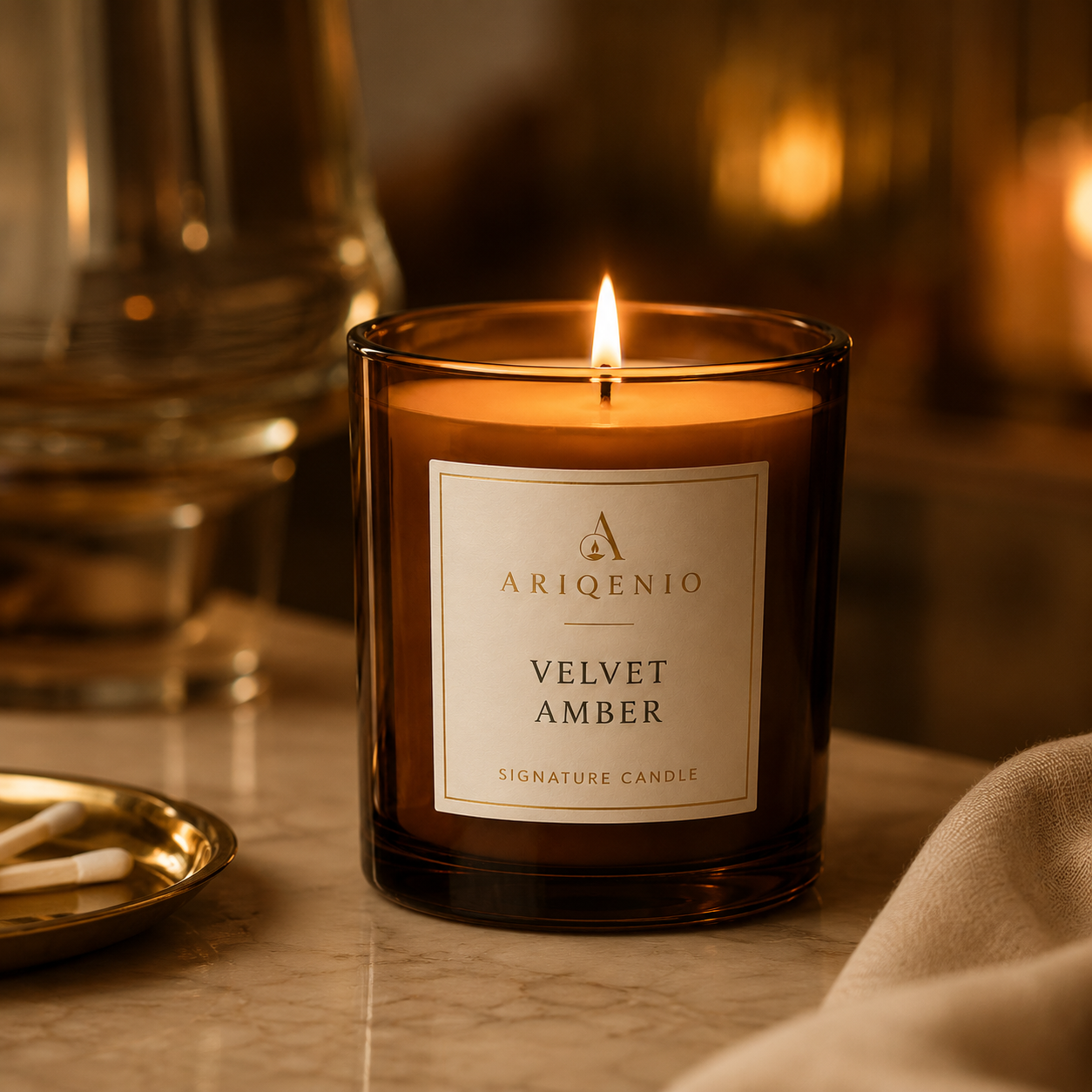 Ariqenio candle burning in a refined home interior