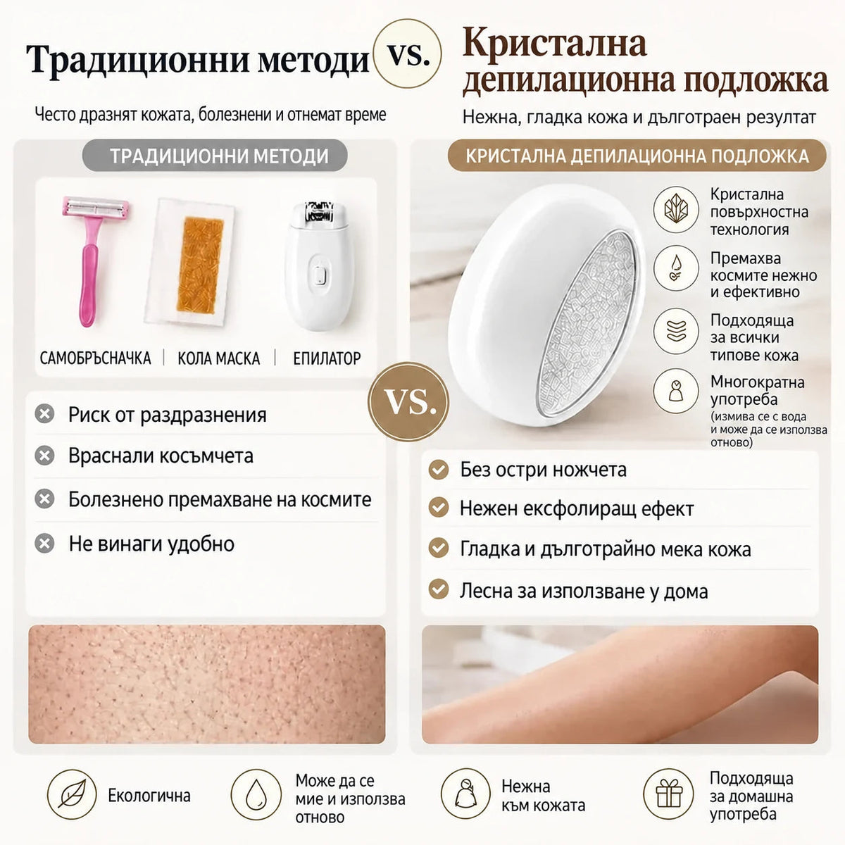 Кристална депилационна подложка сравнение с традиционни методи