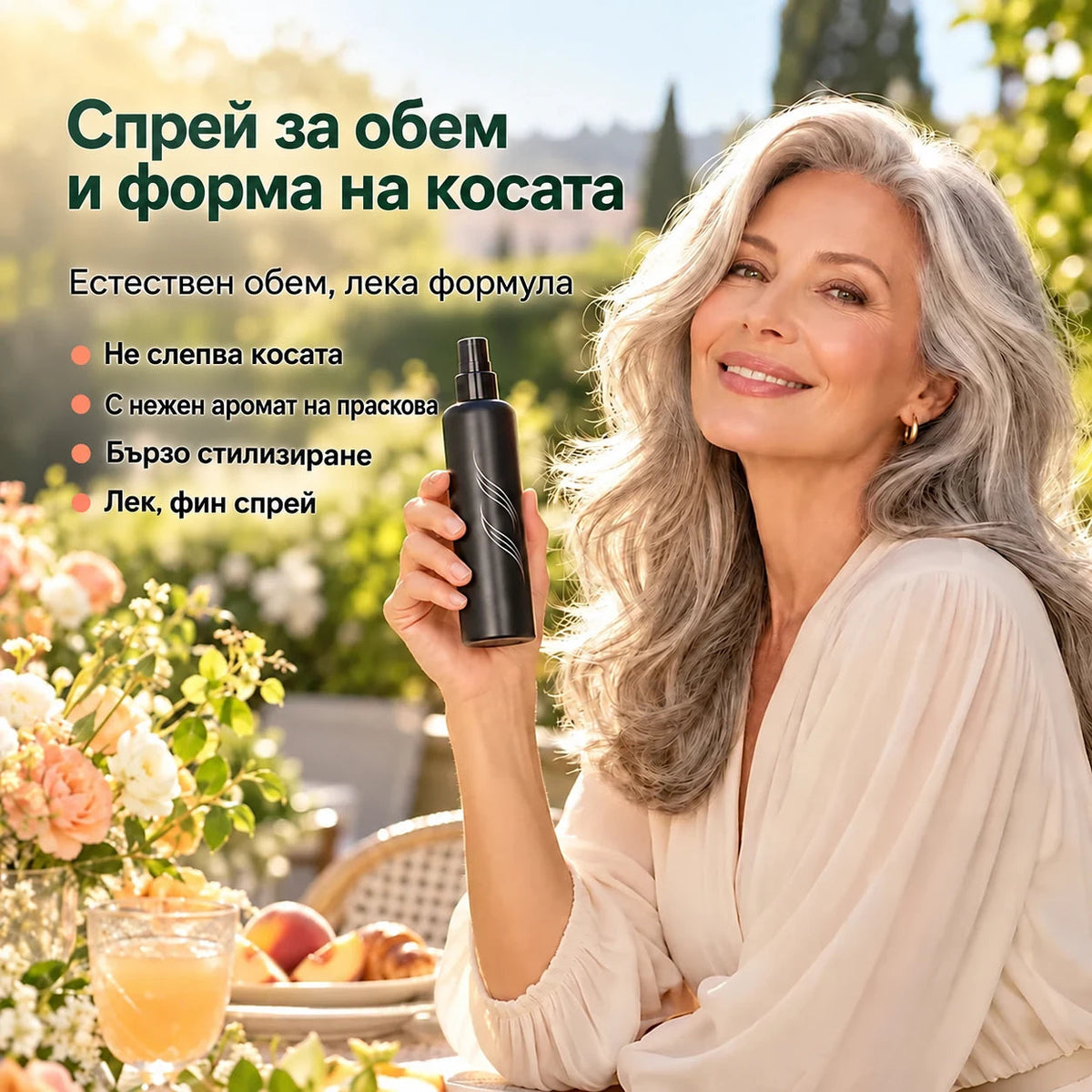Спрей за обем и форма на косата с аромат на праскова